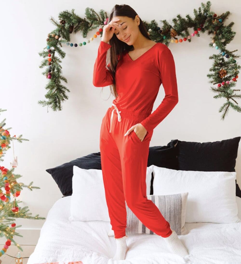 Albion Merry V-Neck Long Sleeve Lounge Bamboo Jumpsuit Cranberry Red Size XS
